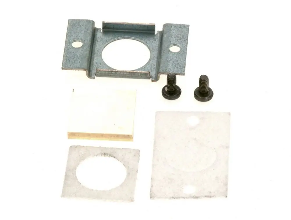 BOSCH Schauglas-Set mit einer Metallhalterung, zwei Schrauben, einer quadratischen und zwei runden Dichtungen. Alle Teile liegen auf einem weißen Hintergrund.